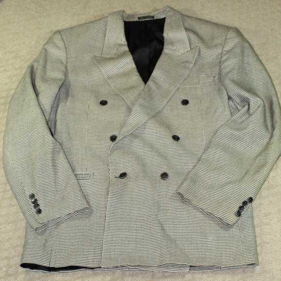 Vtg Cellini Collections Men's 42L Black and White Silk Wool Houndstooth Blazer